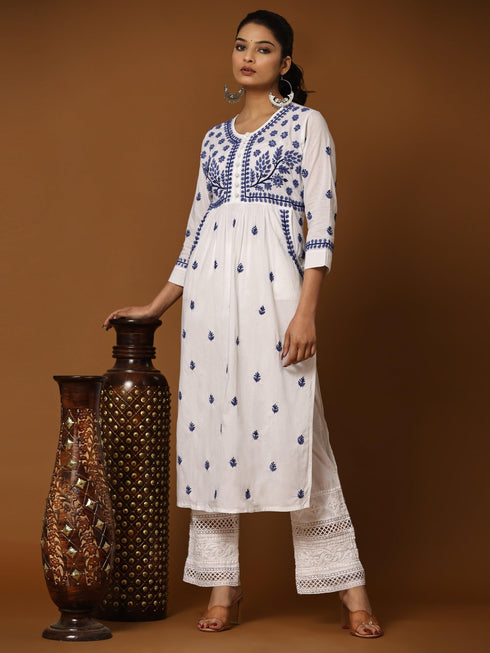 NOOR Chikankari Kurta With Pocket - White With Blue